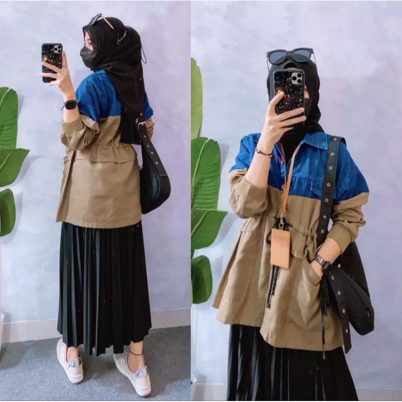 Nadya Jeans Blazer outer cewek bahan kombinasi mix katun denim size XXL kancing pinggang serut murah