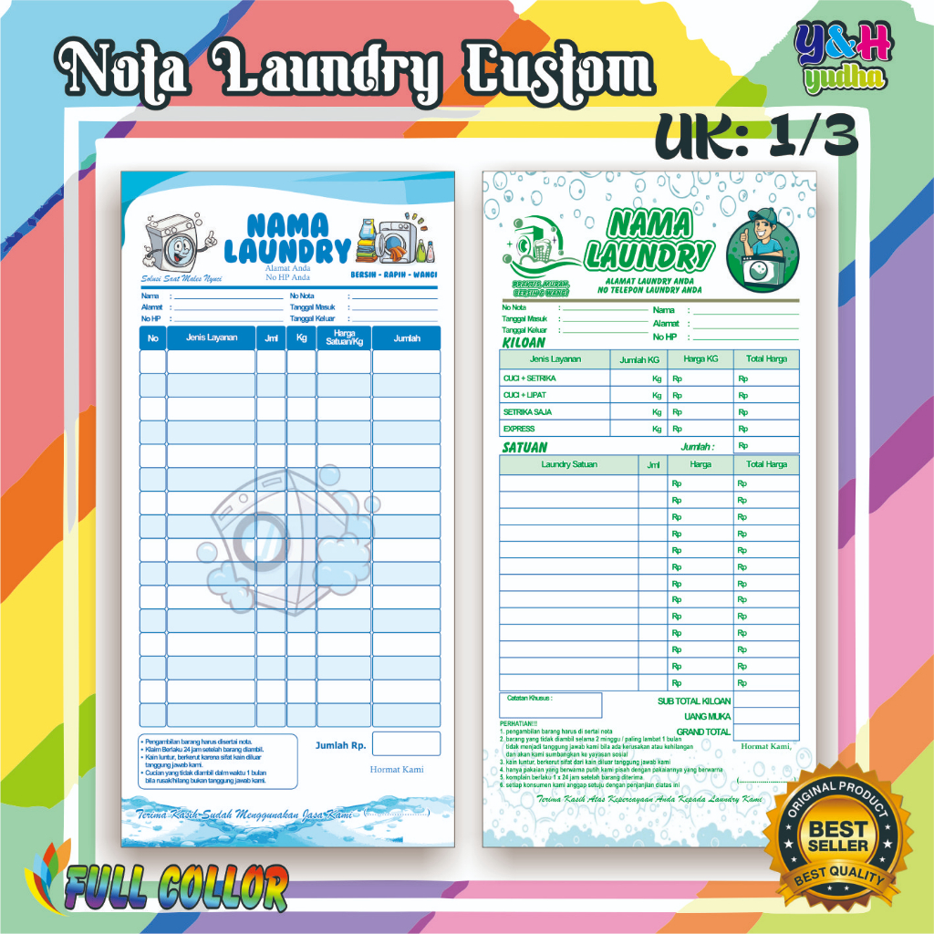 

NOTA LAUNDRY CUSTOM 1/3 DESAIN GRATIS BEBAS NAMA SENDIRI BON LAUNDRY BON MURAH Y&H YUDHA GRAFIKA