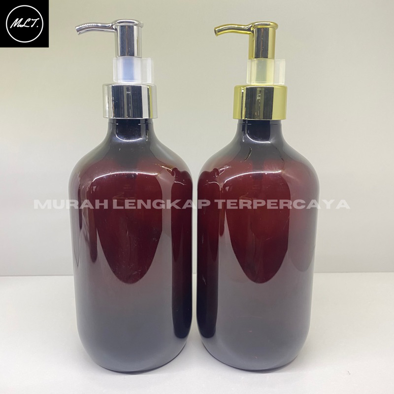 BOTOL PUMP 500ML AMBER COKLAT TUTUP CLIP OIL POMPA GOLD SILVER 500 ML