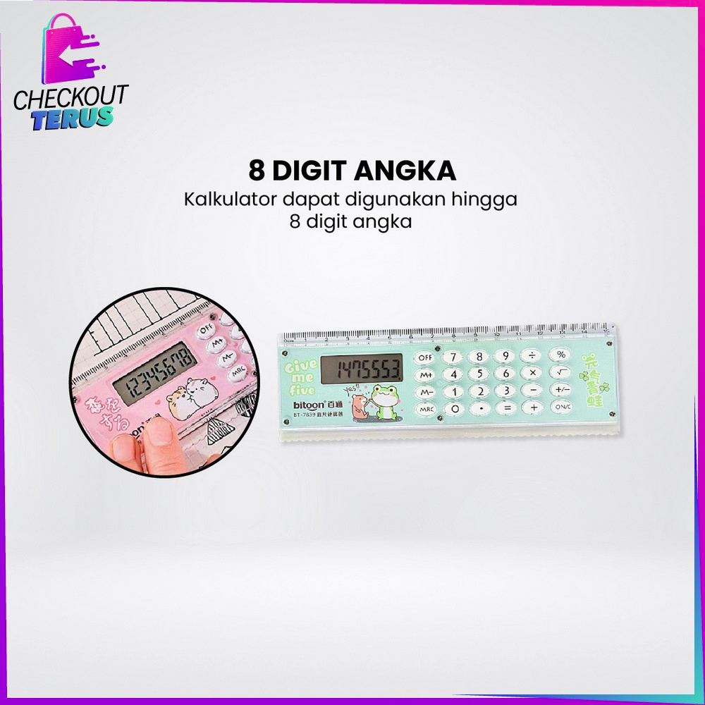 CT A65 Kalkulator Penggaris Karakter 2IN1 Mini Praktis Multifungsi Perlengkapan Sekolah Anak Kalkulator 8 Digit Penggaris 15cm Ruler Set