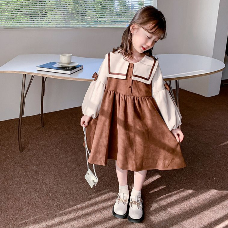 Dress Anak Perempuan Corduroy Lengan Panjang Pita Cokelat