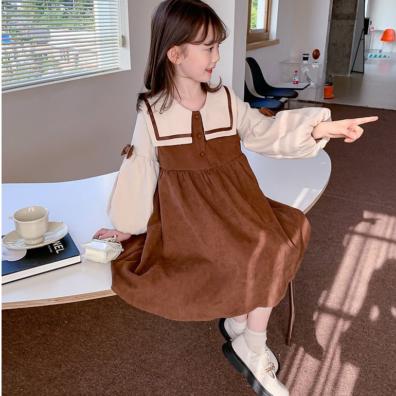 Dress Anak Perempuan Corduroy Lengan Panjang Pita Cokelat
