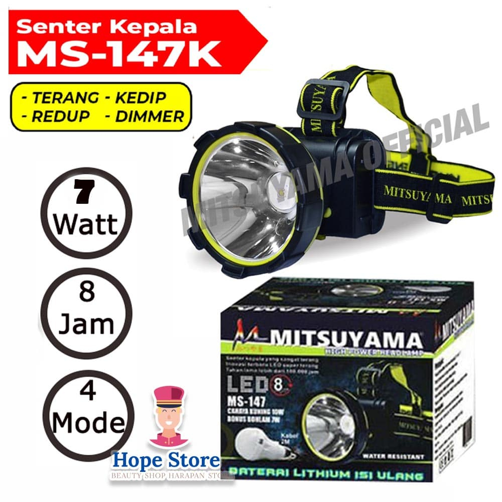 Lampu Kepala Mitsuyama MS147 - Senter LED Tahan Air dengan 4 Mode Pencahayaan BISA COD