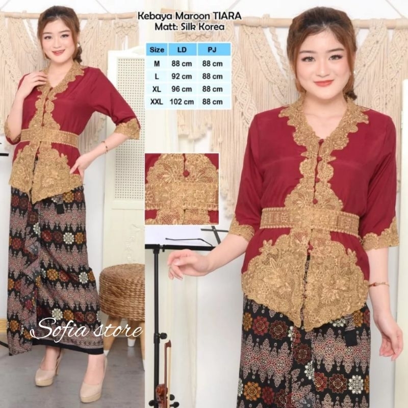 Atasan Kebaya Encim Modern Moderen Bordir Emas Warna Merah Maron Maroon Tiara Dengan Sabuk