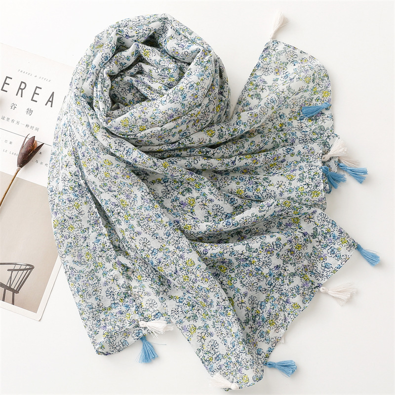 ITSFRIDAY AMBER Scarf - Premium Pashmina Shawl Selendang Syal Pasmina Hijab Import Motif Small Flower Sky Blue Tassel