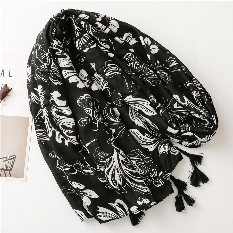 ITSFRIDAY ZAMORA Scarf - Premium Pashmina Shawl Selendang Syal Pasmina Hijab Import Motif Flower Clasic Black and White Tassel