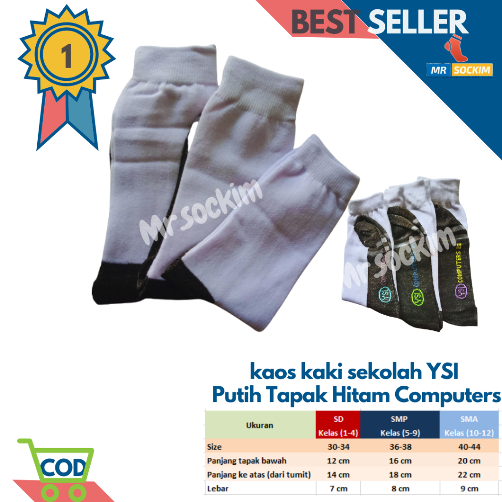 Kaos Kaki Sekolah Sd Smp Sma Putih Tapak Hitam YSI Computers Spandek