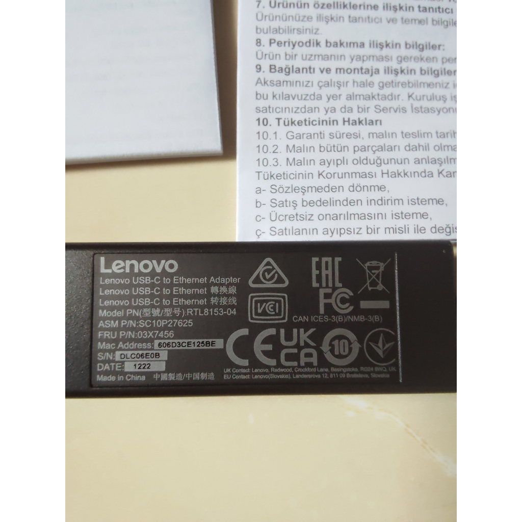 Lenovo USB-C to Ethernet Adapter LAN 4X90S91831 SC10P27625 03x7456