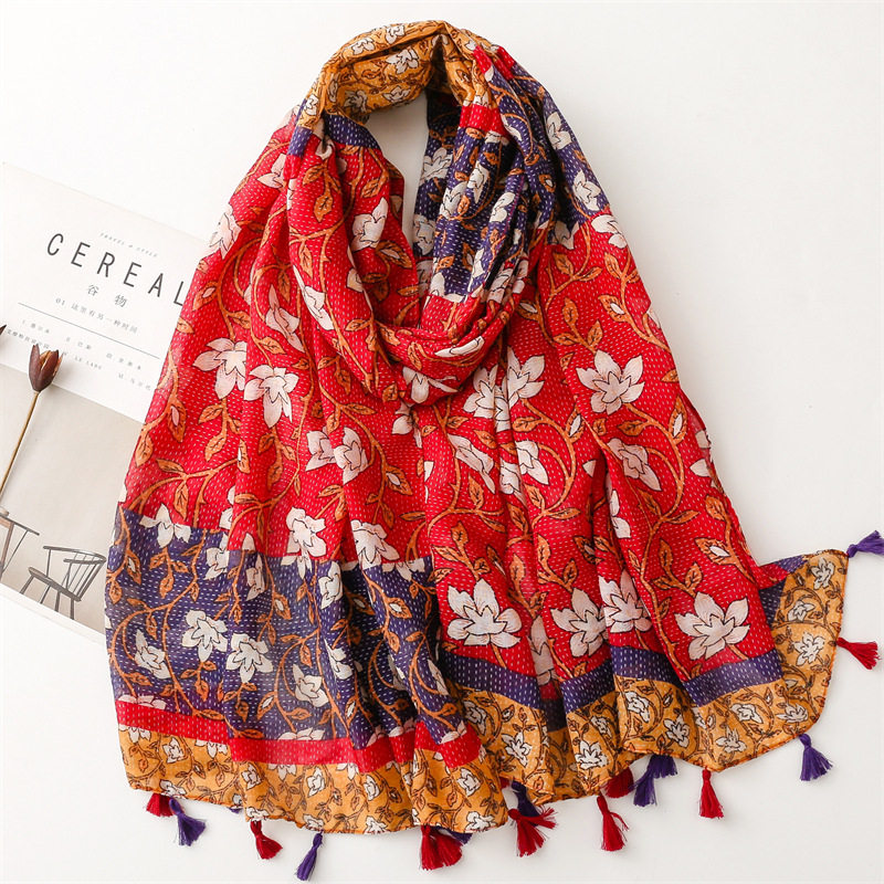 ITSFRIDAY YUMNA Scarf - Premium Pashmina Shawl Selendang Syal Pasmina Hijab Import Motif Red Flower Clasic Tassel