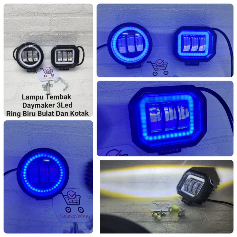 Lampu Tembak Daymaker 3 LED +Lampu Ring Biru - Lampu Daymaker 3 Led Variasi Putih - Biru