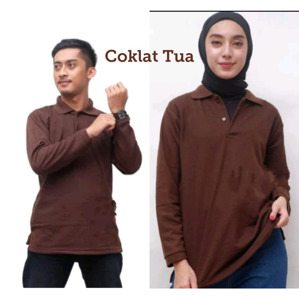 Kaos kerah FO POLOS lengan panjang warna COKLAT TUA / kaos kerah polos lengan panjang / Kaos kerah p