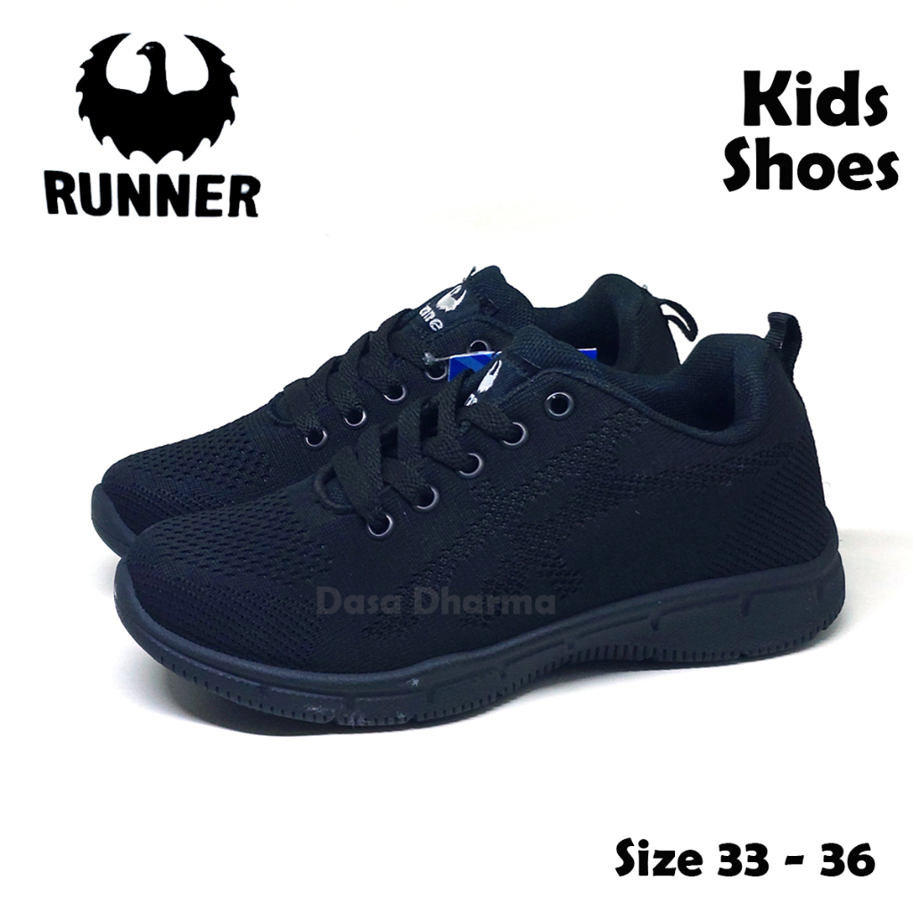 Sepatu Runner Dragon 04 Anak Sekolah SD Pendek Tali Sneakers Hitam Polos Size 33 - 36