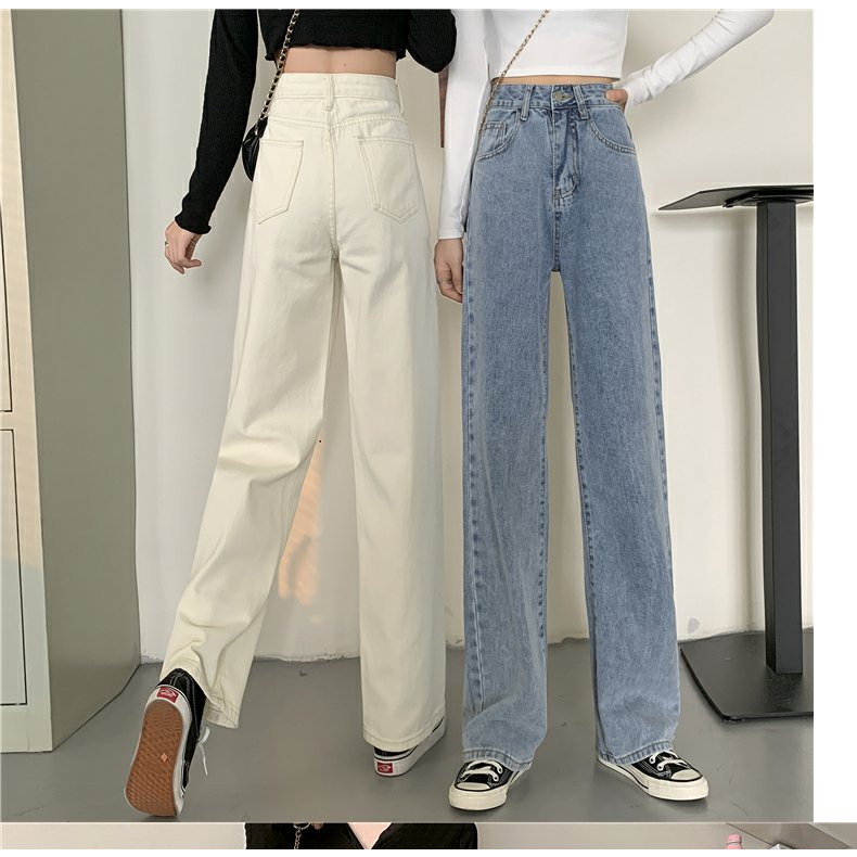 EUNII Korean Style Celana Panjang Jeans Wanita Kekinian Loose High Waist Boyfriend Jeans