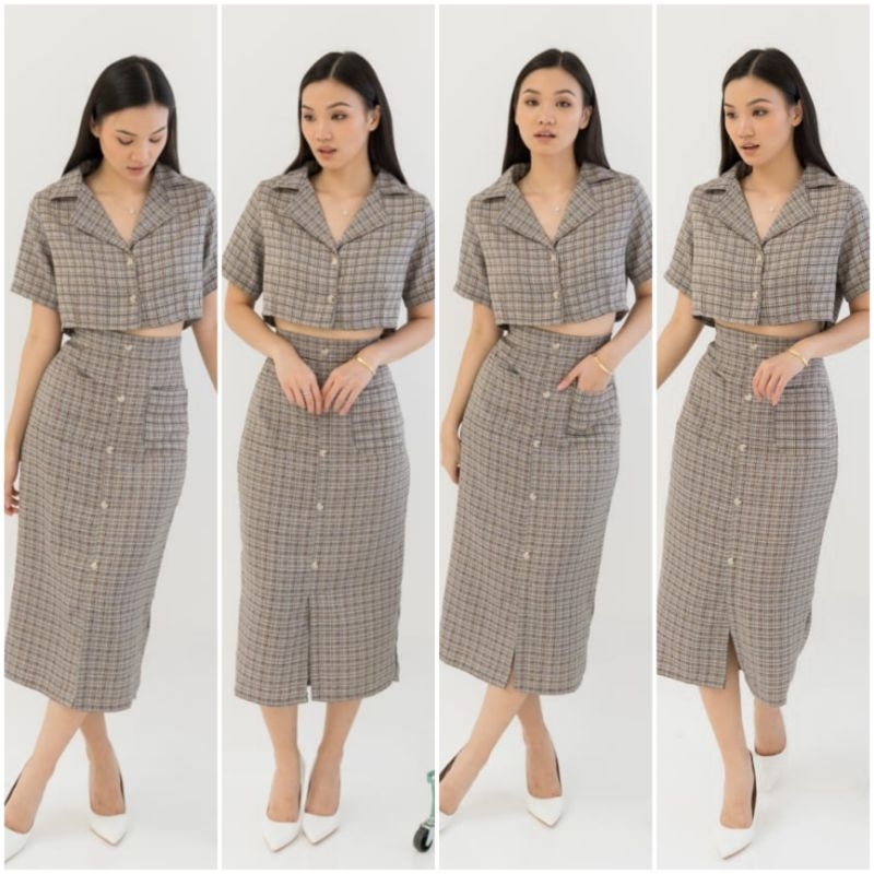 ❣️SPECIAL PRICE ♡ PREMIUM ♡ ORIGINAL ! WELISSA TWEED 2 IN 1 PLAID SET BUTTON SET CROP COLLAR BLOUSE WITH MIDI POCKET SKIRT