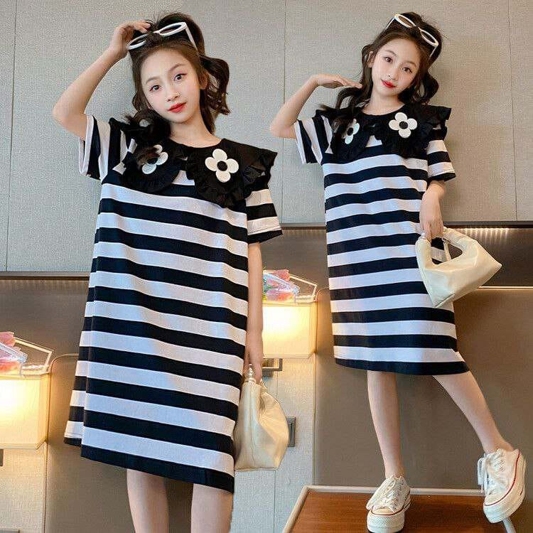 Dress Anak Perempuan PREMIUM Simple Black And White Lucky Flower