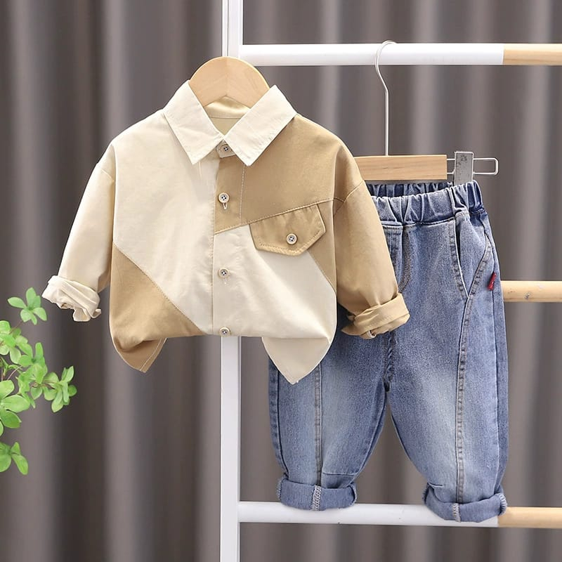 Setelan Baju Kemeja polos Anak laki laki warna CREAM MOCHA / Pakaian bayi lengan panjang keren usia 6 bulan -5 tahun