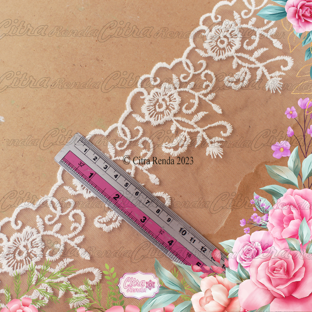 (Per Meter) RDT317 Renda Bordir Tile Motif Cantik Broken White Lebar 11Cm