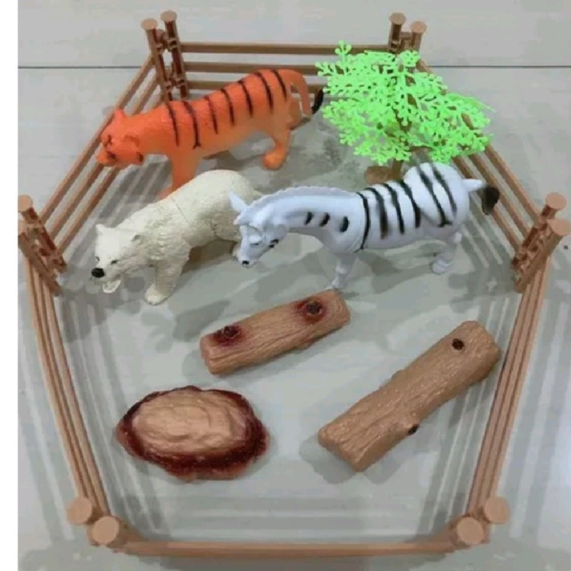 Mainan Hewan Karet Set Pagar dan Pohon YH 73 Zoo Animals | Mainan Anak Edukasi Hewan Figur Animal & 