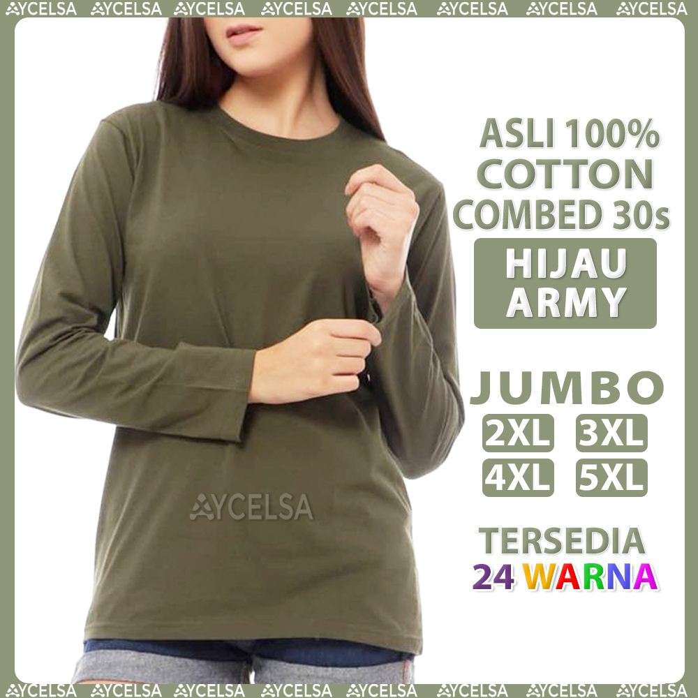 Kaos Polos Jumbo Wanita Pria Lengan Panjang Hijau Army / Atasan Kaos Jumbo Army