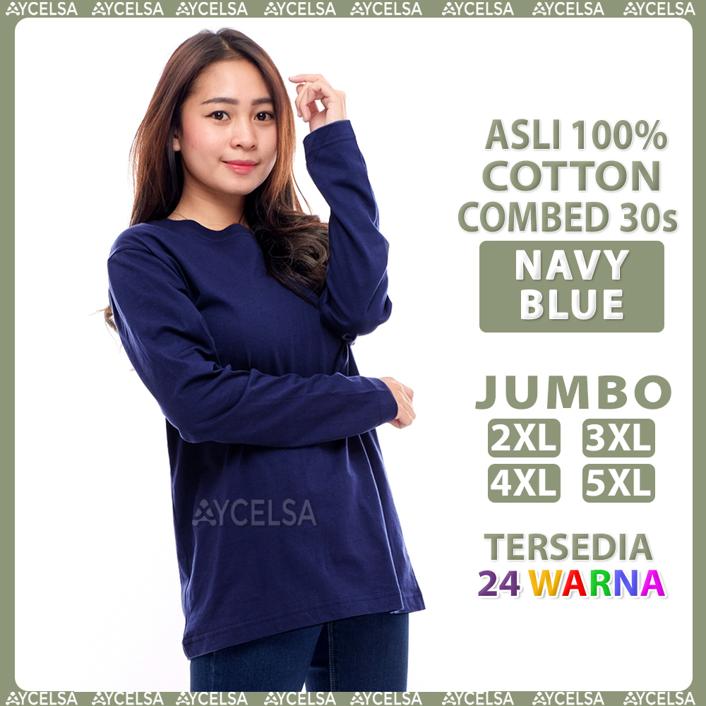 Kaos Polos Jumbo Wanita Pria Lengan Panjang Navy Blue / Atasan Kaos Jumbo Biru Dongker