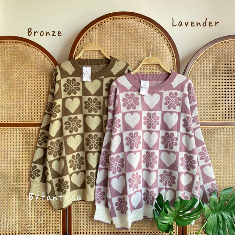 Bytantisa - Sweater Rajut Oversize Motif Love Flower Firda