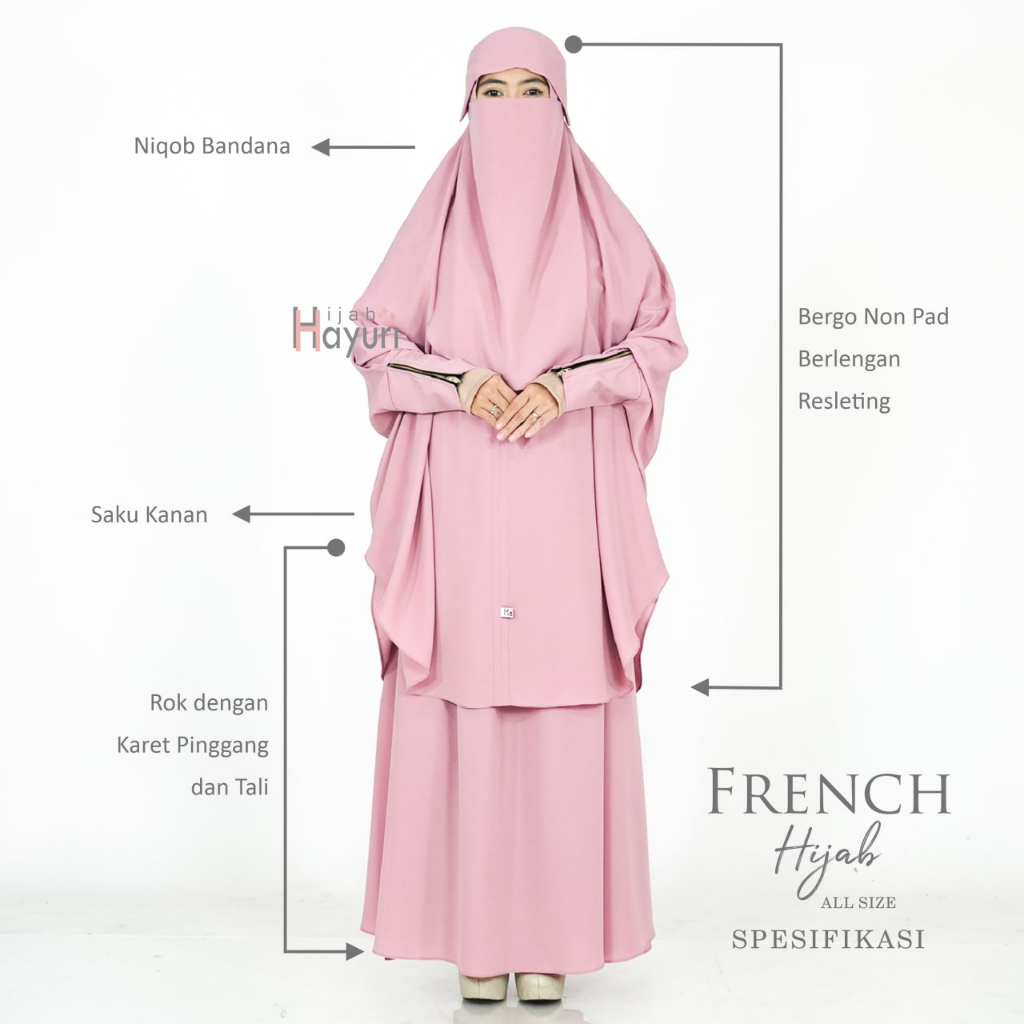 Hijab Hayuri French Hijab Set - Set French Khimar - Bahan Woolpeach Grade A