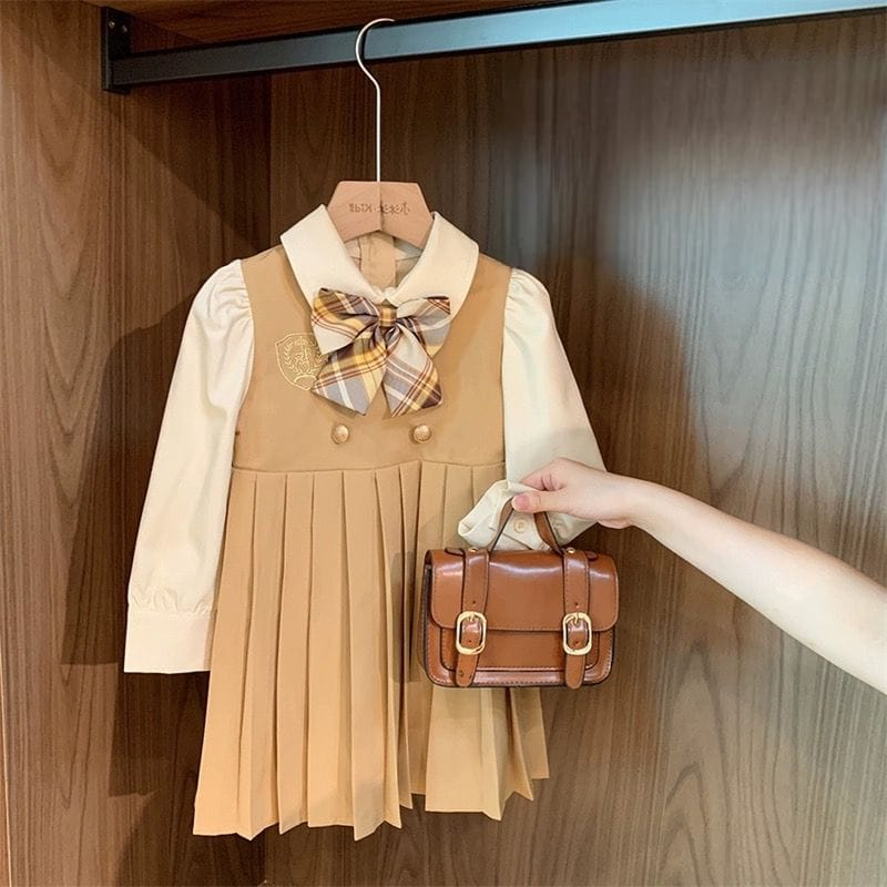 Dress Anak Perempuan Motif Uniform School Mustard Pita