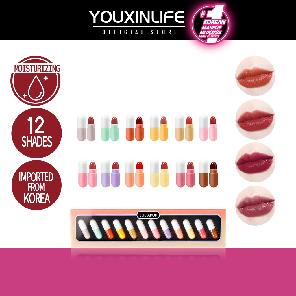 【CAPSULE VELVET LIPSTICK】 12 batang Lipstik Mini Set / Kapsul Lipstik Kecil Lip / Tint Mini Lipstik 