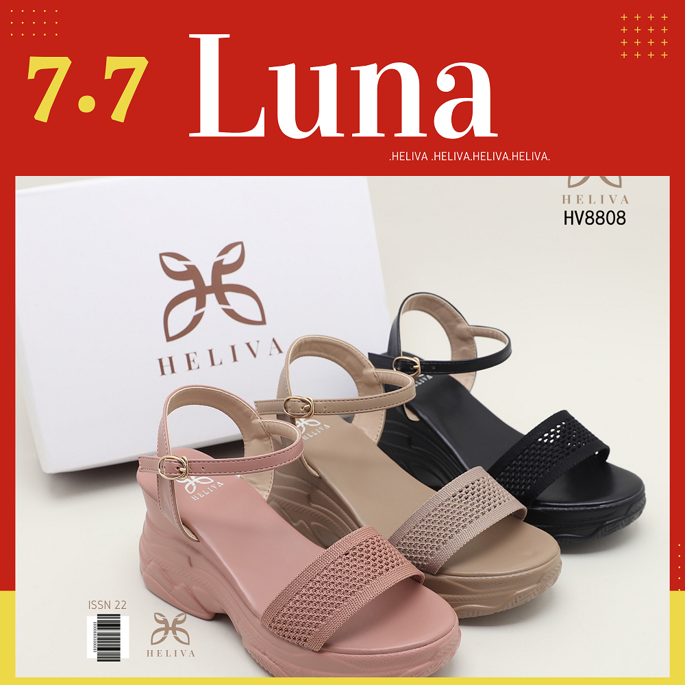 HELIVA LUNA Sepatu Wedges Ankle Warp Sol 8cm Tinggi Bahan Kulit Kombi Rajut HV8808 Original Brand