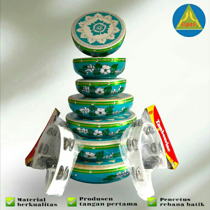 Rebana Qosidah Motif Batik Kulit Lukis Hijau 1 Set Susun 7 Free Tas dan 2 Tamborine. by SIPAS