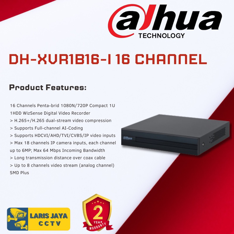 DVR DAHUA 16CH FULL HD XVR-1B16 H.265 ORIGINAL RESMI TERBARU