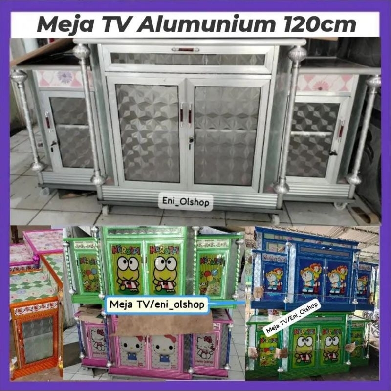 MEJA TV ALUMUNIUM 120CM, BUFET TV ALUMUNIUM, KACA PALEMBANG