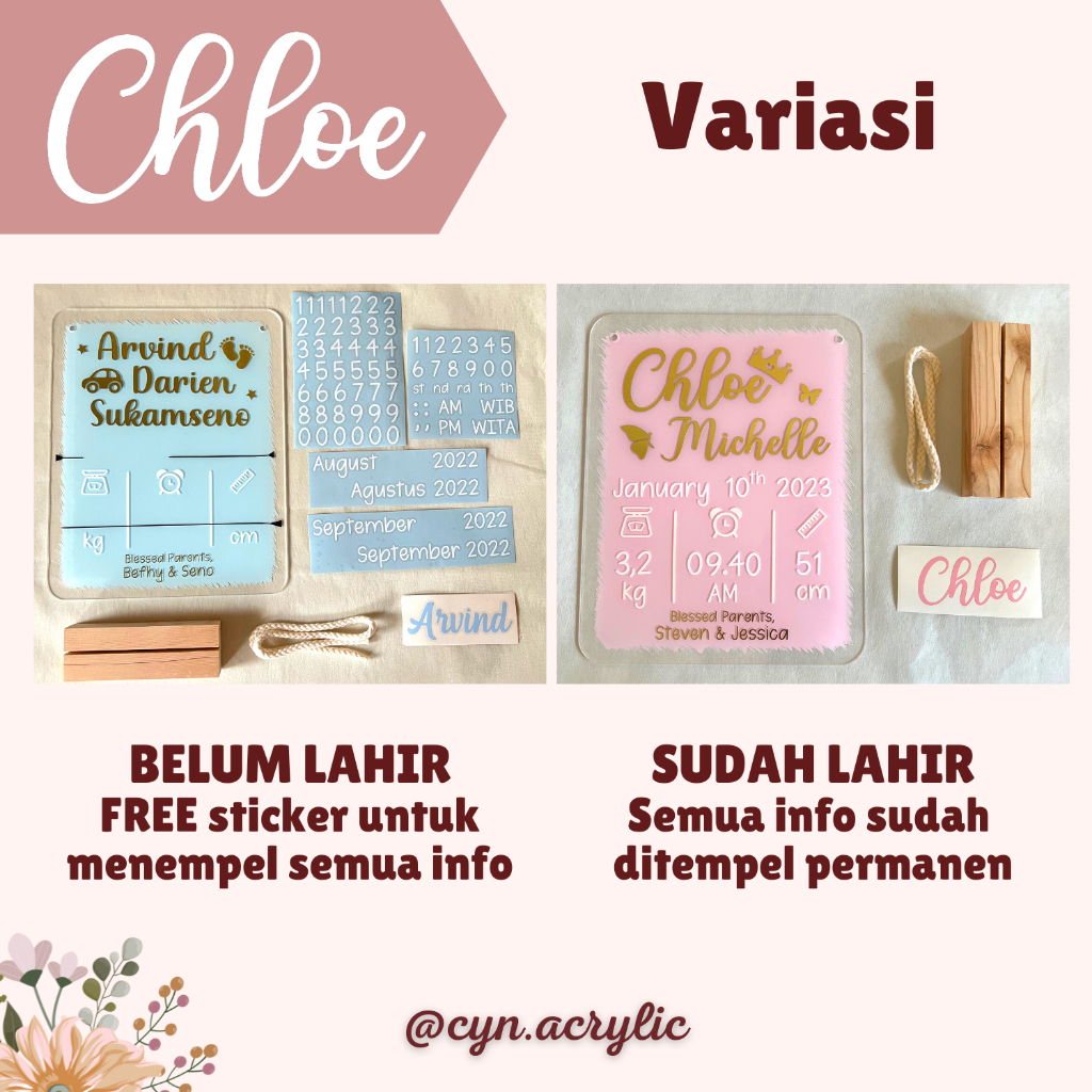 CHLOE HOSPITAL BOARD ACRYLIC AKRILIK Announcement Biodata Baby Bayi Newborn Kado Mewah Bagus