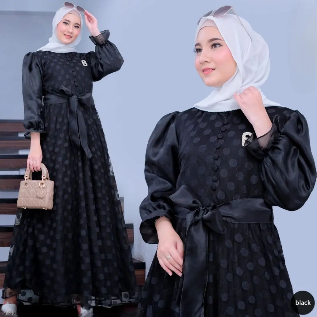 Hisana Dress Wanita Muslim Aplikasi Motif Tiledot Terbaru OOTD Gamis Wanita Muslimah Fashion Modren Kekinian BahanTille Dot Full Puring Mix Organza Aksen Tali Pinggang Terpisah Busui Freindly Dress