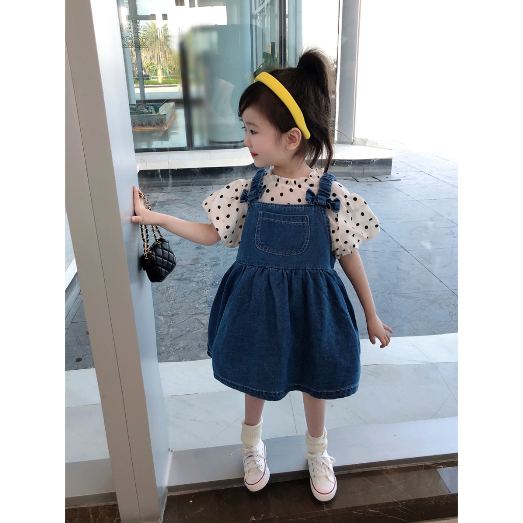 CHUBBI 54 Dress Anak Perempuan Overall Kaos Polka + Overall Jeans