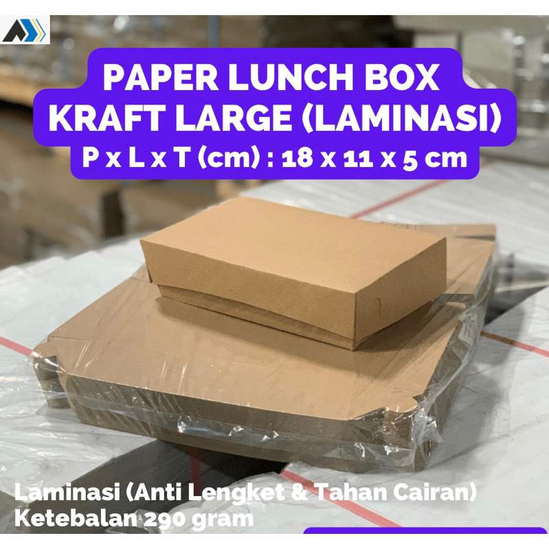 (100 PCS) Paper Lunch Box Kotak Makan Ukuran 18x11x5 cm (Lunchbox Large) Laminasi Tebal 290 gram/gsm