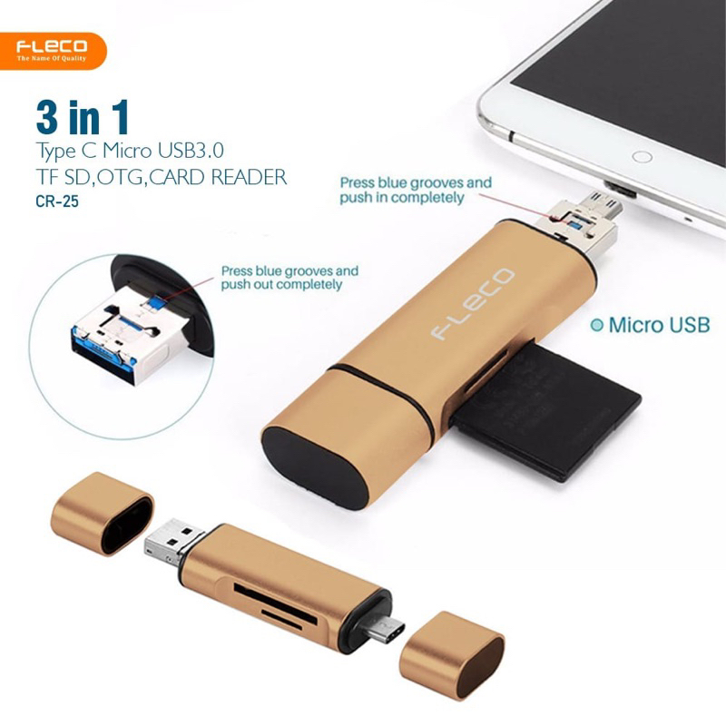 GROSIR OTG CARDREADER FLECO CR-25 3in1 TYPE C MICRO USB 3.0 TRAVEL IS MORE CONVENIENT PLUG &amp; Play BY SMOLL