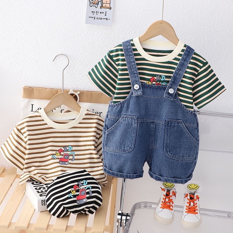 Setelan Overall Anak Laki Laki Import Motif Salur | Setelan Celana Kodok Jeans Anak Cowok 2 in 1 | B