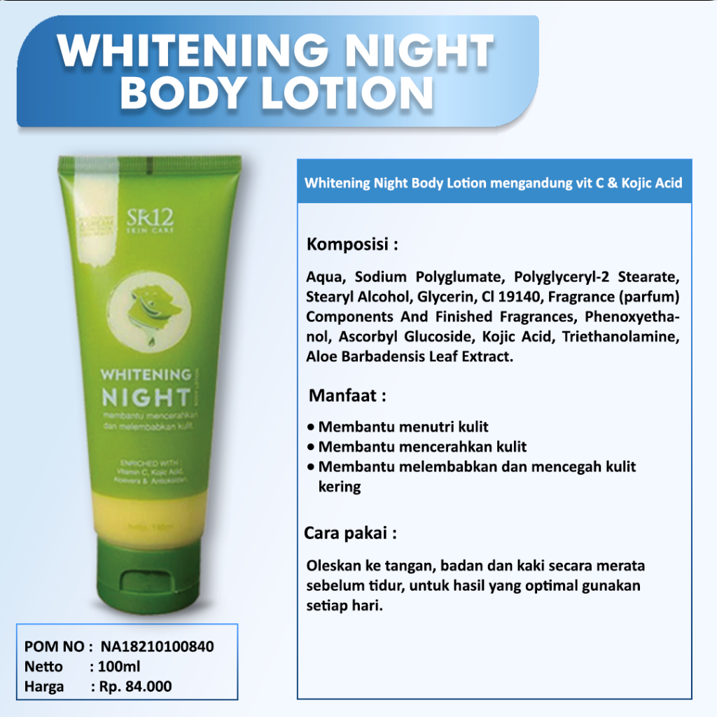 BODY LOTION MALAM !!!  WHITENING NIGHT BODY LOTION SR12 / MENCERAHKAN KULIT / MENUTRISI KULIT / LOTION PEMUTIH KULIT / Lotion tubuh original / premium / berkualitas / termurah / terlaris / bagus / bpom / saudagarsr12