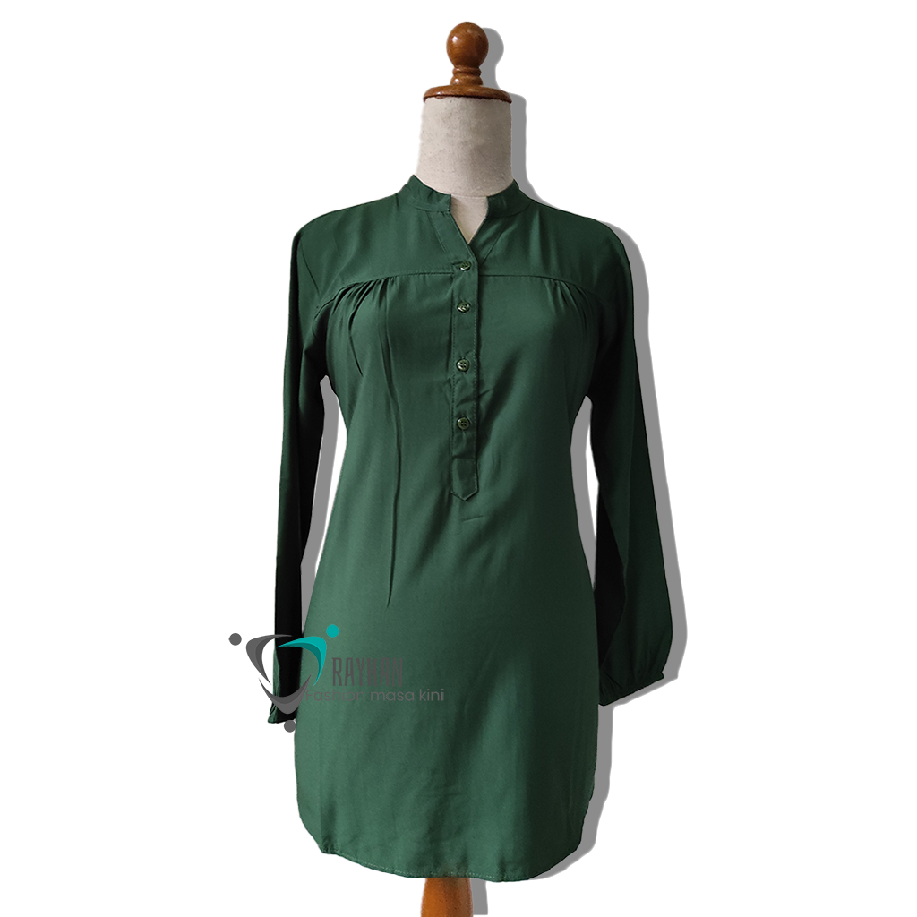 Baju atasan Wanita Polos Hijau Botol Kemeja Blouse Terbaru Lengan Panjang Jumbo Size Busana Muslim K