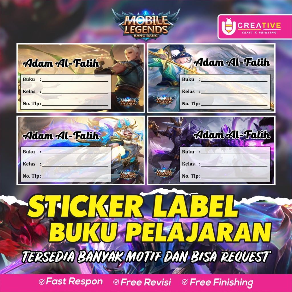 

Sticker / Label Buku Pelajaran Bisa Custom Nama (Isi 20pcs) Tema Mobile Legend