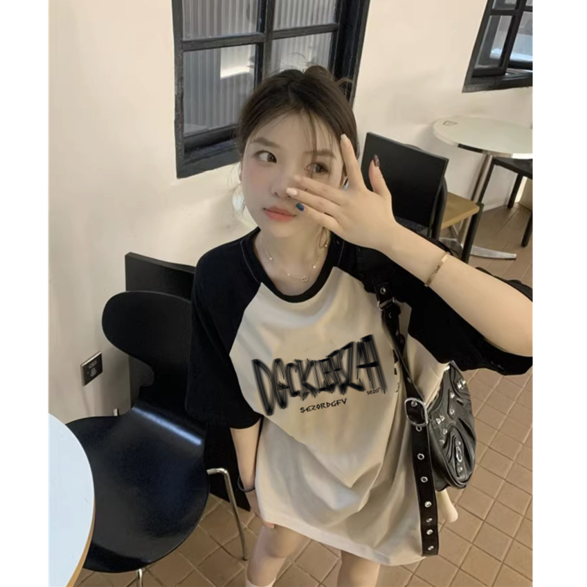 Baju Kaos Wanita Retro Lengan Raglan Oversize Letter Motif Graffiti T-Shirt Kekinian Import Kaos Basic