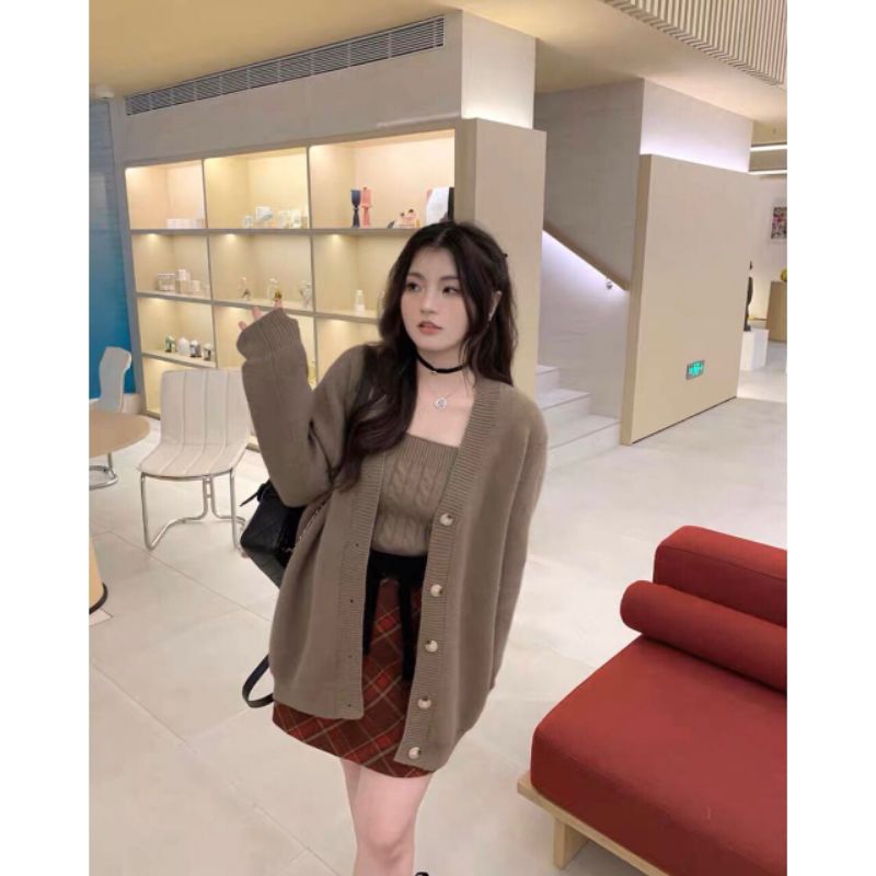 QUEEN SAKURA - Q7045SET - BRAIDS TANKTOP SET OVERSIZED CARDIGAN IMPORT - SETELAN CARDIGAN RAJUT CASU