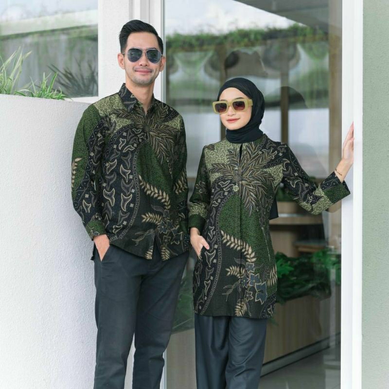 Batik kemeja kekinian lapis furing bahan katun halus baturaden size reguler hijau palm