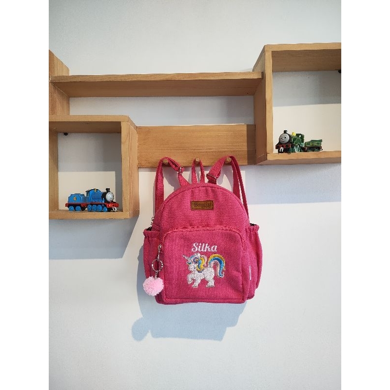 Baglist Tas Anak PAUD TK kids balita ransel sekolah backpack polos botol minum warna pink custom nama bordir inisial gambar kartun karakter name