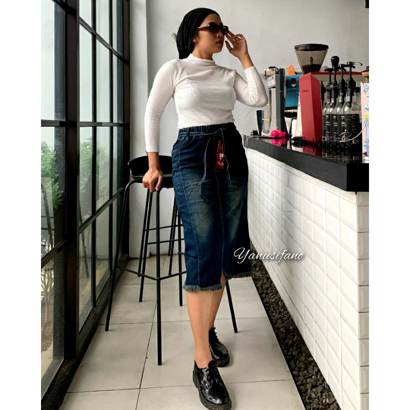 Rok Jeans Span 7/8 RENSI // Rok Pendek Jeans Stretch bawah belah rawis