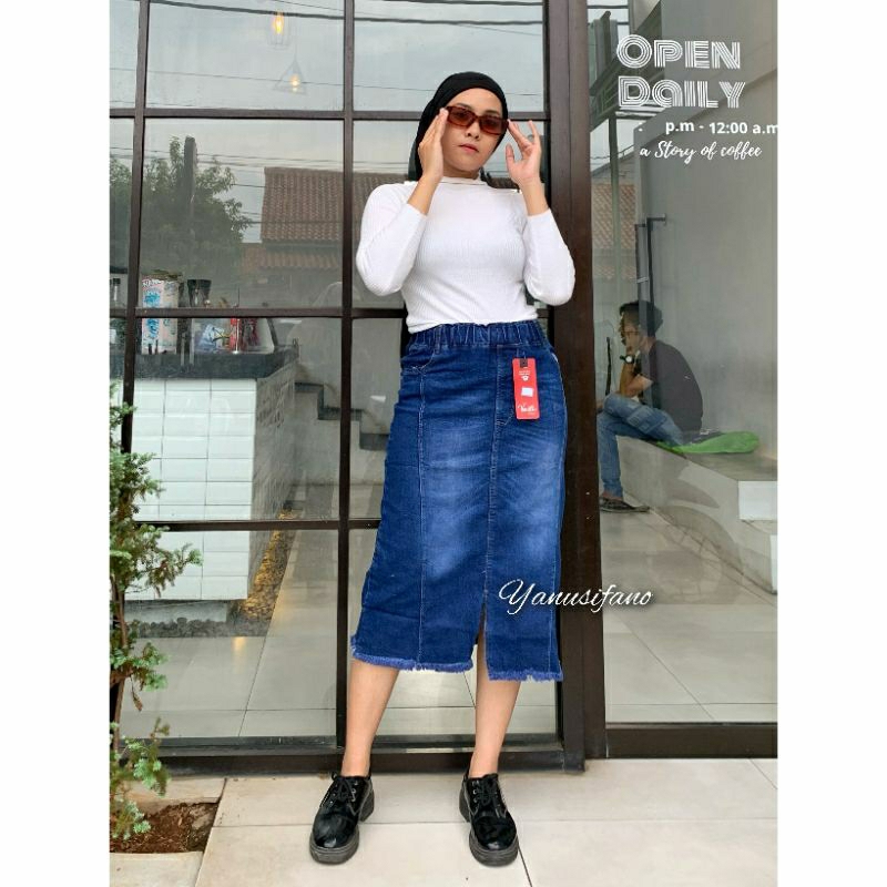 Rok Jeans Span 7/8 RENSI // Rok Pendek Jeans Stretch bawah belah rawis