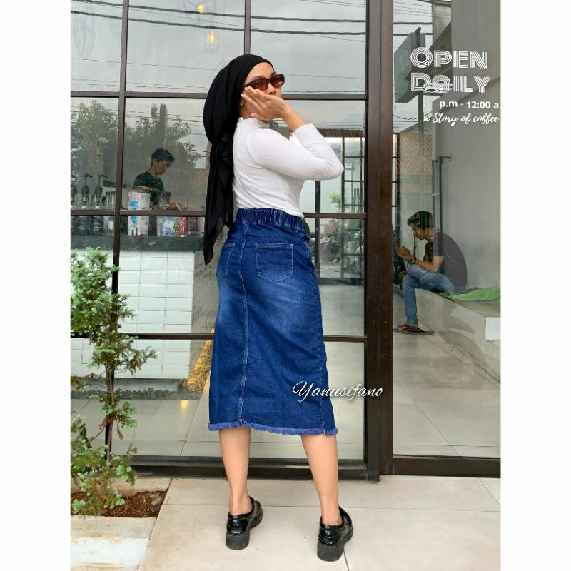 Rok Jeans Span 7/8 RENSI // Rok Pendek Jeans Stretch bawah belah rawis