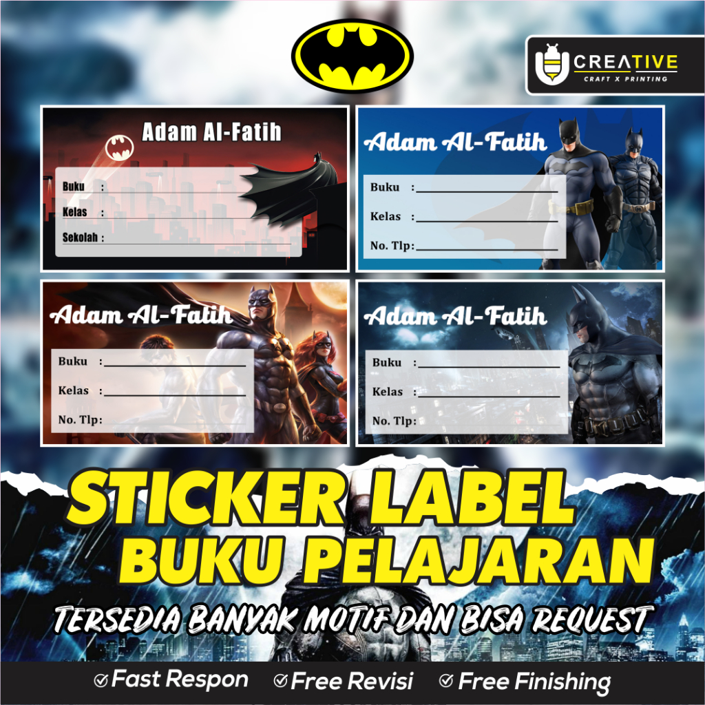 

Sticker / Label Buku Pelajaran Bisa Custom Nama (Isi 20pcs) Tema Batman