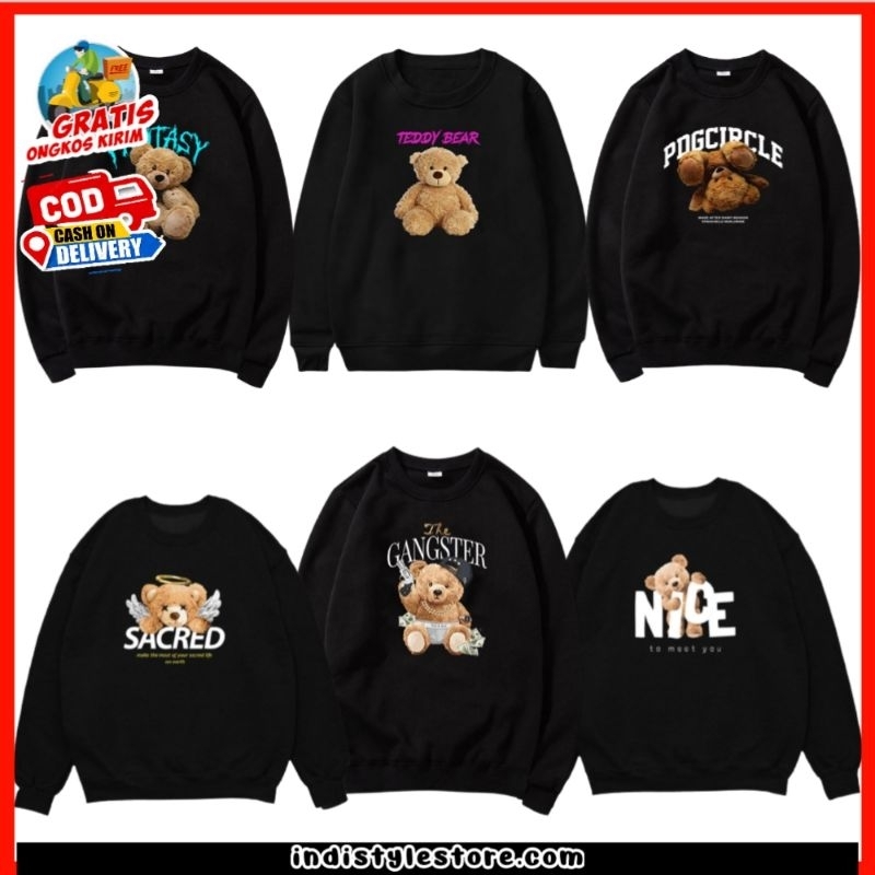 Sweater Crewneck Hitam Gambar Teddy Bear Distro Pria Wanita Switer Cn Cowo Cewe Sweeter Creunek Anim